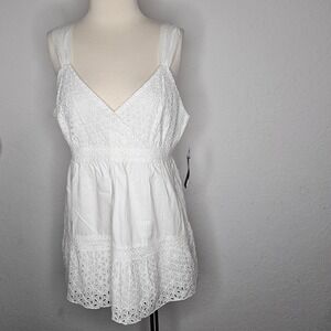 AGB White Eyelet Cotton Top Empire Waist Smocked Bodice Sleeveless Size L NWT